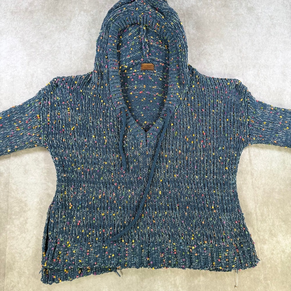 POL Knit Hoodie Women Medium Blue Confetti PomPom Chunky Colorful Boho Pullover - Picture 2 of 9